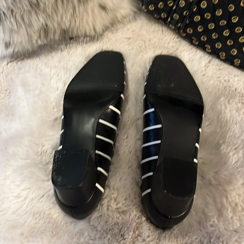 David Tate Womens Black and White Striped Leather Slip On Pumps Heels Sz 6.5W